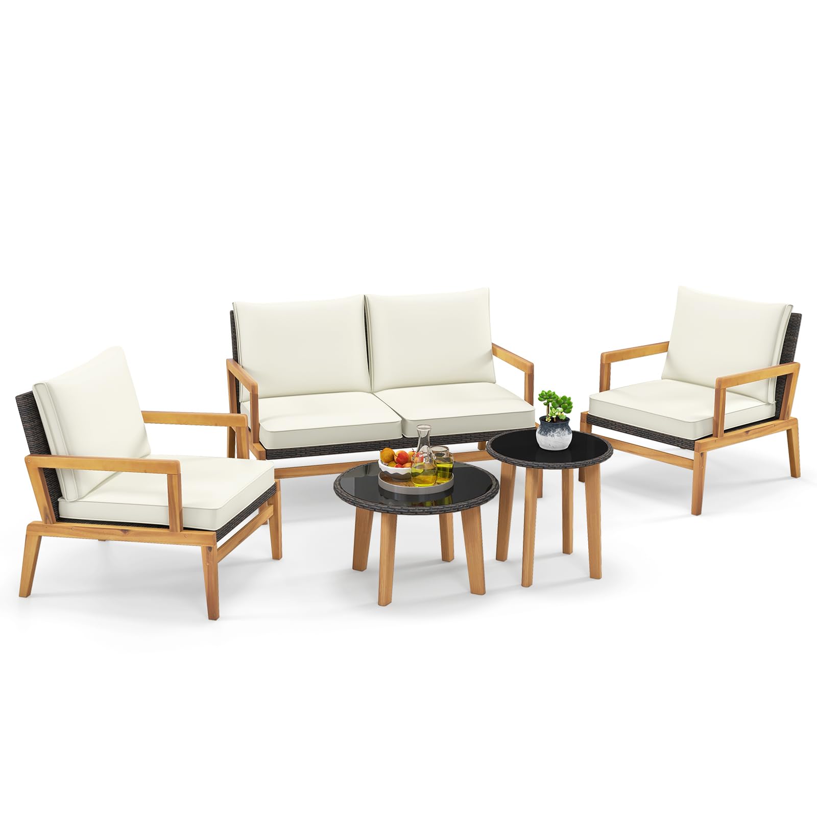 Tangkula Ensemble de mobilier de jardin 5 pièces en rotin, Patiojoy Ensemble de canapés en osier avec cadre en bois d'acacia massif et 2 tables basses en verre trempé